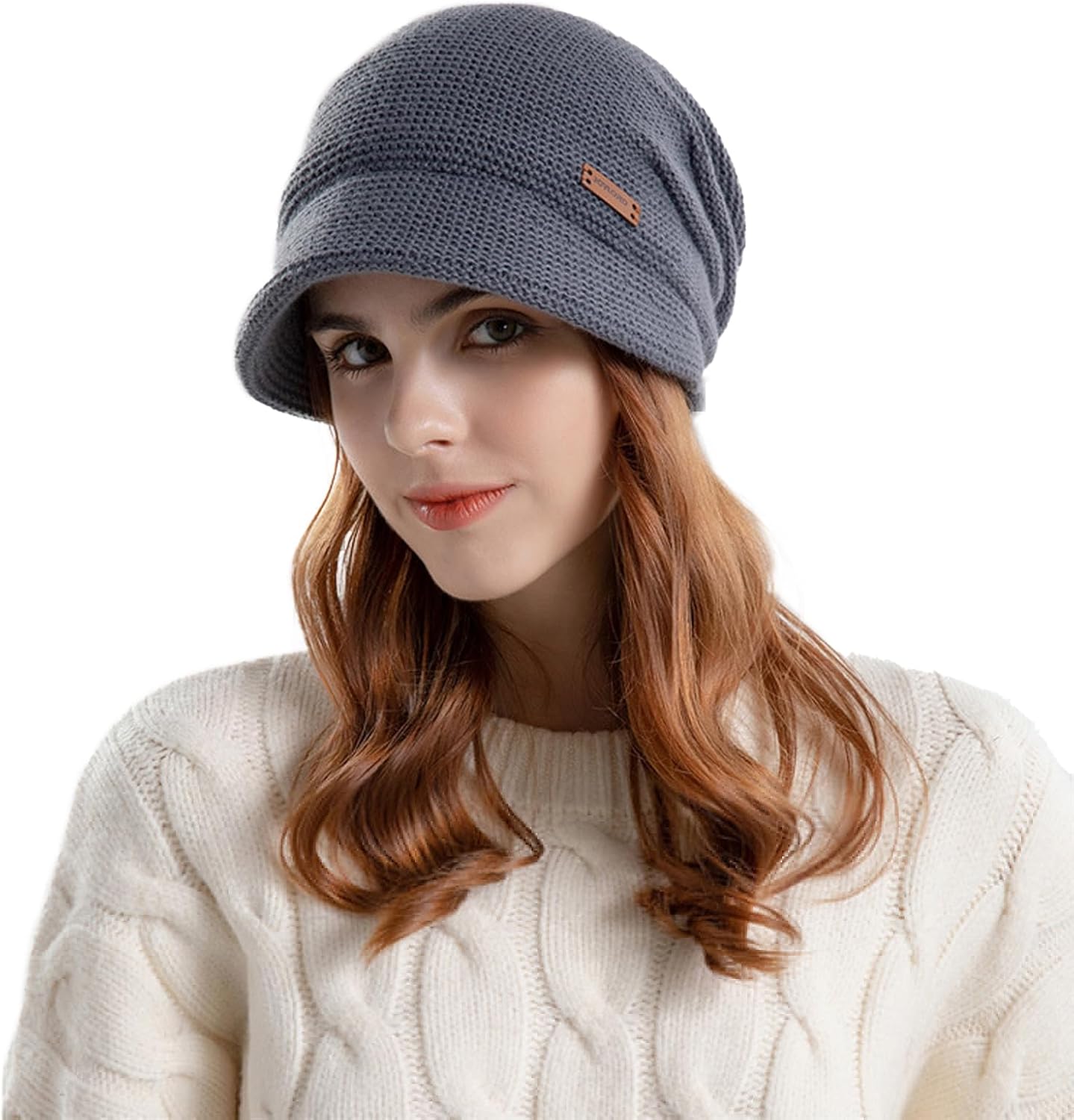 Women Slouchy Knit Hat Winter Warm Fleece Lined Beanie Hat Stretchy Skull Cap with Visor Brim - Image 5