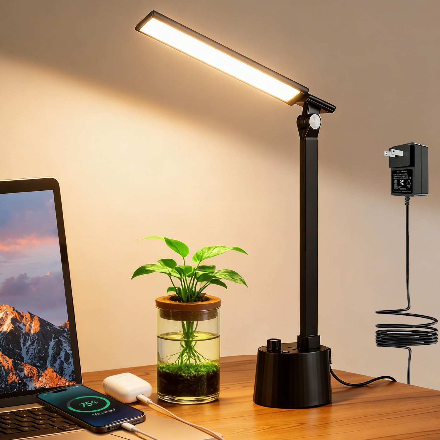 BOHON Small Desk Lamp with USB C Charging Port, Stepless Dimming 5 Colors Reading Light, Space-Saving Rotating Head Desk Lamp for Home Office, Dorm, Bedroom, Black