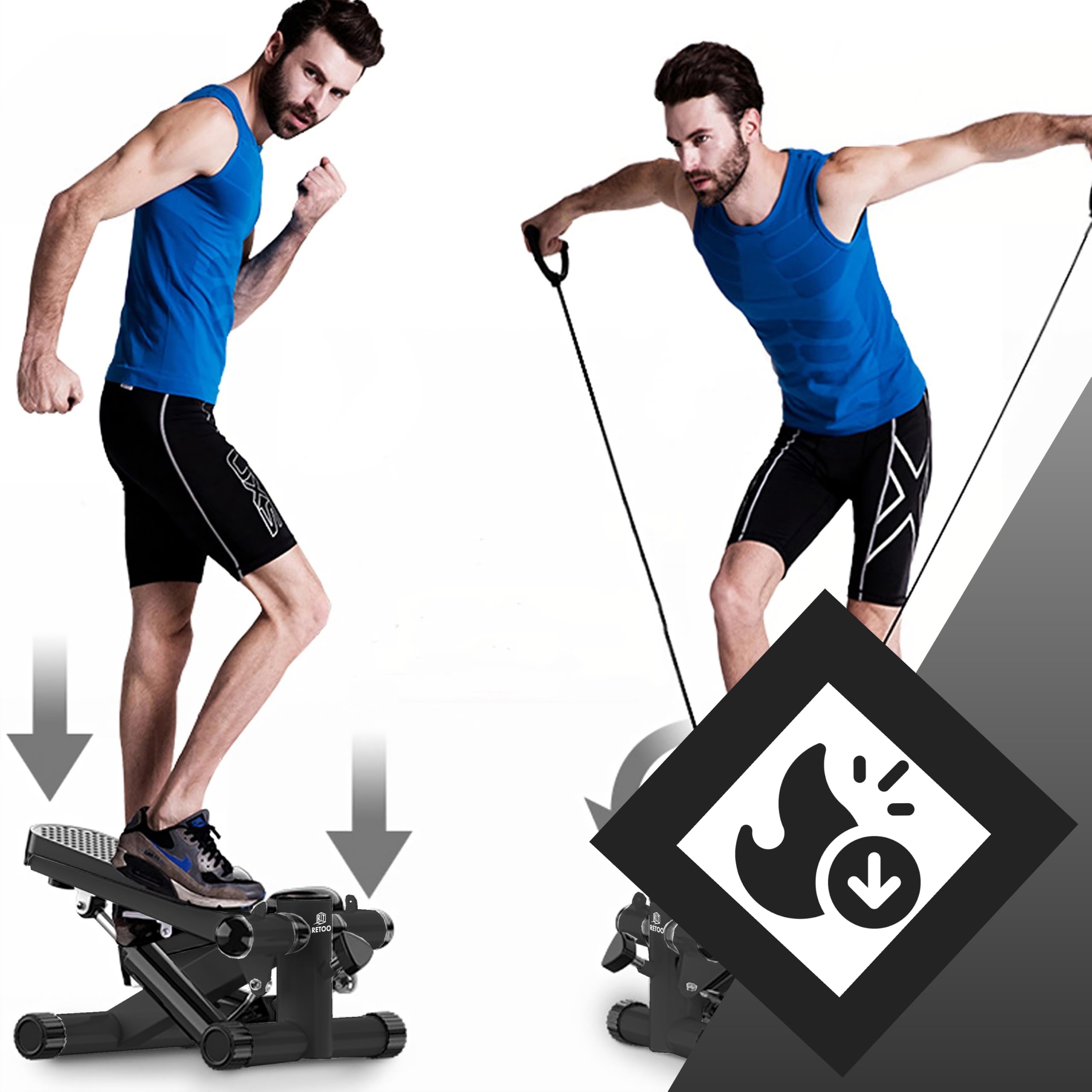 Retoo Stepper für Zuhause mit LCD Display & Widerstandsbändern, Stepper bis 100 kg, Ganzkörpertraining für Beine & Arme, Kompaktes Fitnessgerät mit Hydrauliksystem, Schwarz