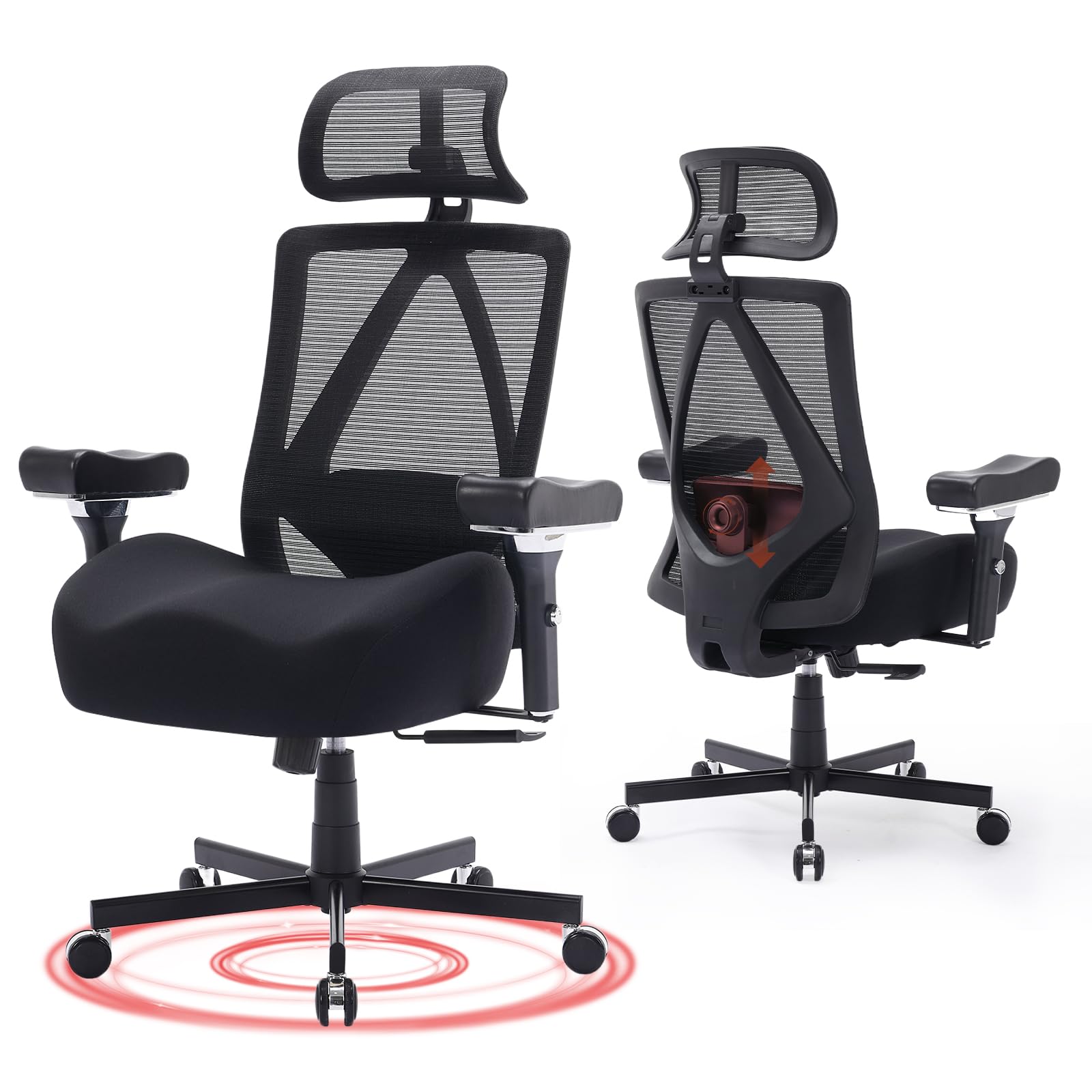 Big and Tall Office Chair 500lbs, Ergonomic Desk Chair with W Wide Thick Cushion, Executive Mesh Office Chair with Adjustable Headrest, Lumbar, 4D