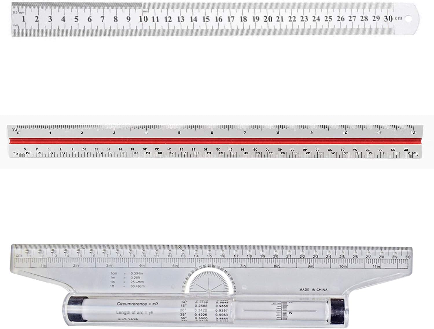 INTVN Architectural Scale Ruler Set (Imperial) 12" Stainless Steel Rule Plastic Engineering Triangular Scale Ruler Rolling Parallel Ruler 3 PCS