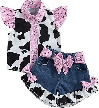 Western Toddler Girls Denim Outfits Ruffle Sleeveless Cow Print Shirt Button Down Tops Belted Wide Leg Jeans Shorts