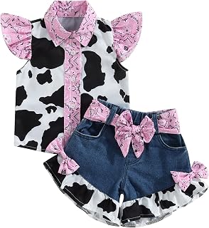 Western Toddler Girls Denim Outfits Ruffle Sleeveless Cow Print Shirt Button Down Tops Belted Wide Leg Jeans Shorts