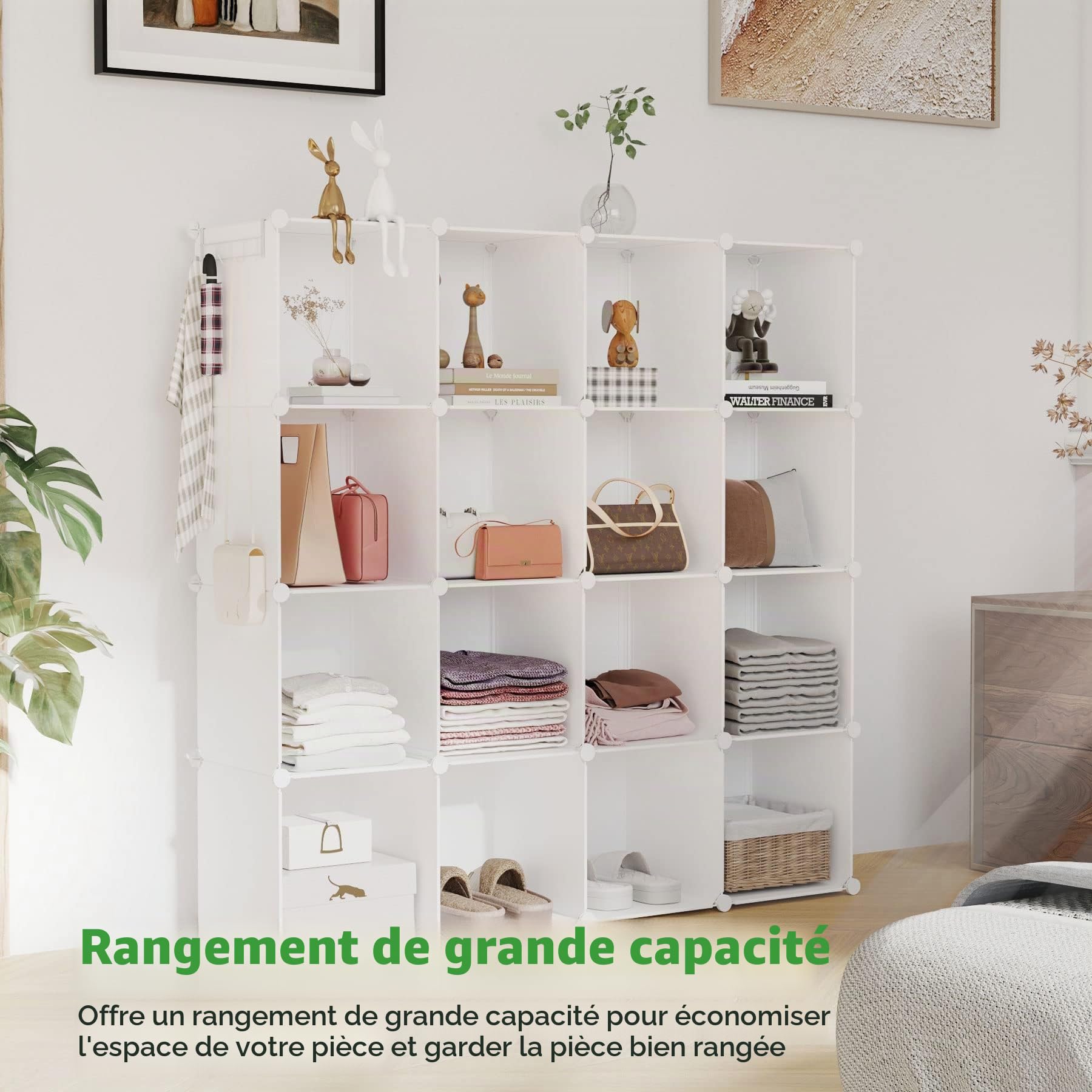 C&AHOME Organisateur de Rangement cubique, 16 étagères cubiques, Armoire de Placard, étagère à Livres modulaire en Plastique, Salon, Bureau, 48,4" L x 12,4" l x 48,4" H Milky UPCS16M