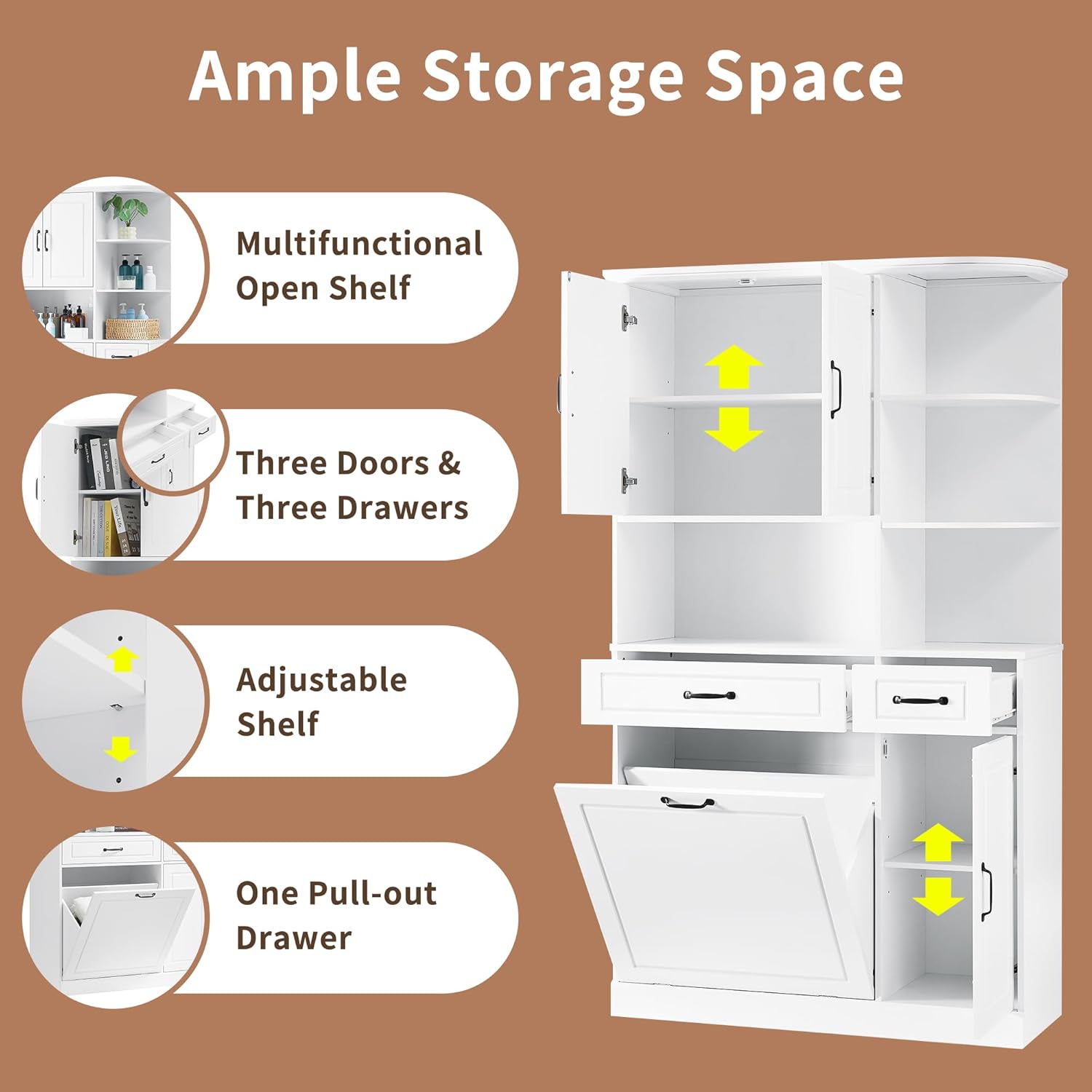 Diagram illustrating the various storage compartments of the Polibi Tall Cabinet, including adjustable shelves in the upper cabinet, three open display tiers, a large flip-top drawer, and a single-door base with an adjustable shelf. Arrows indicate shelf adjustability.
