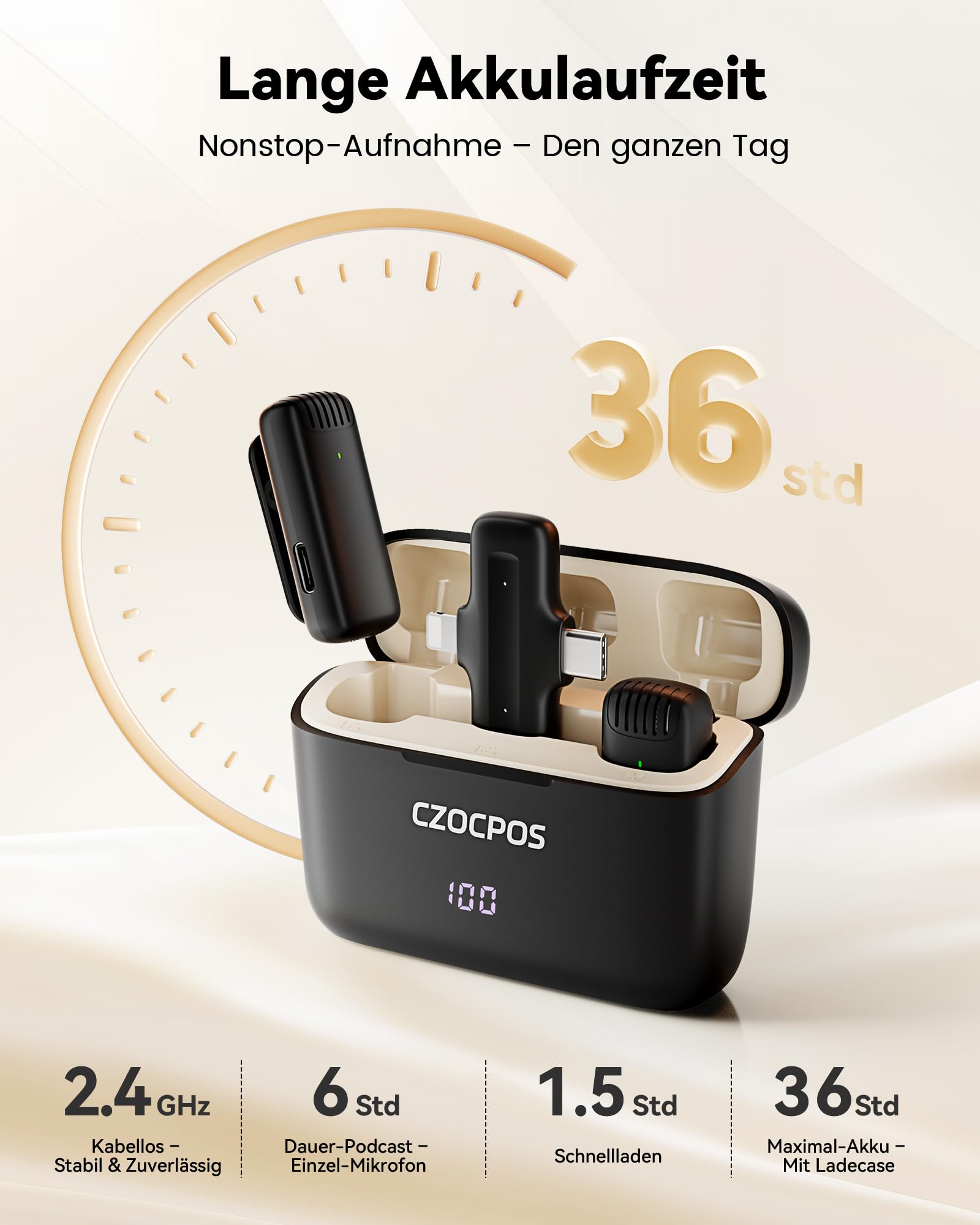 CZOCPOS Kabelloses Lavalier Mikrofon Wireless für iPhone/iPad/Android mit Ladebox, Geräuschunterdrückung, 36 Stunden Akkulaufzeit, Mini Mikrofon für iPhone für Video/YouTube/Vlogs