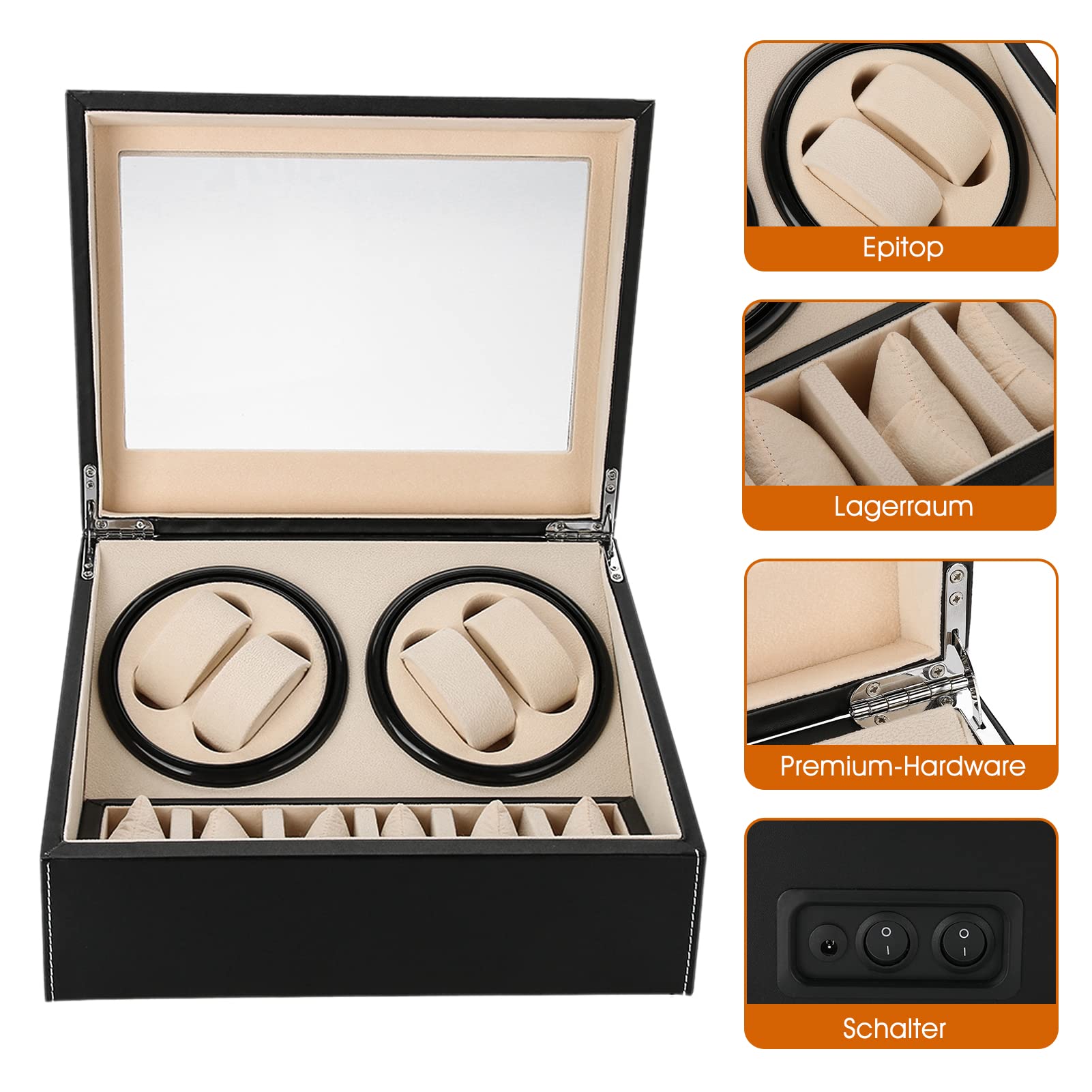 Scatola Rotore Per Orologi Automatici | Carica 4 Orologi | Legno E Vetro | Funzionamento Silenzioso - Foto 4