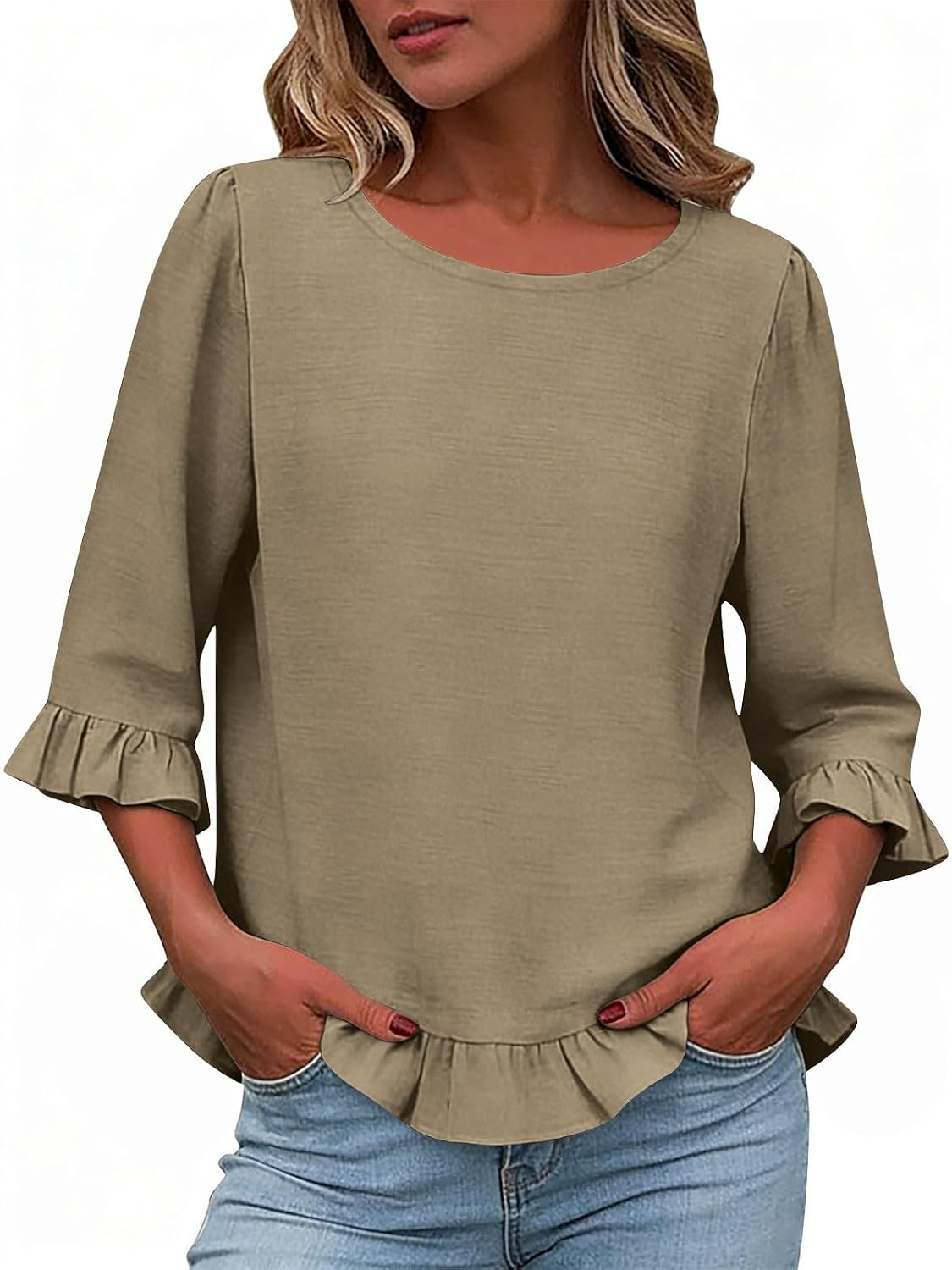 Womens Summer Tops 3/4 Length Sleeve Shirts Fashion Ruffle Crew Neck Dressy Casual Blouses Spring Clothes Outfits