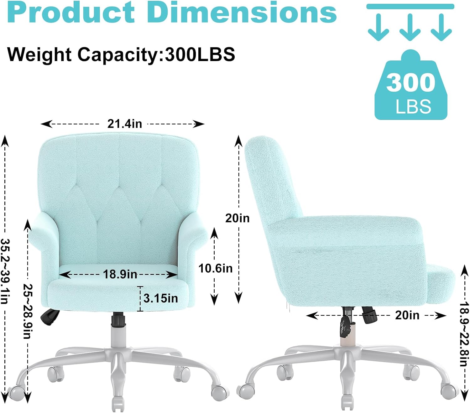 Comfy Home Office Desk Chair, Upholstered Fuzzy Vanity Chair with Wheels and Arms, Modern Adjustable Swivel Computer Seat for Make Up, Home Office, Living Room, Bedroom, Teddy Fleece, Blue
