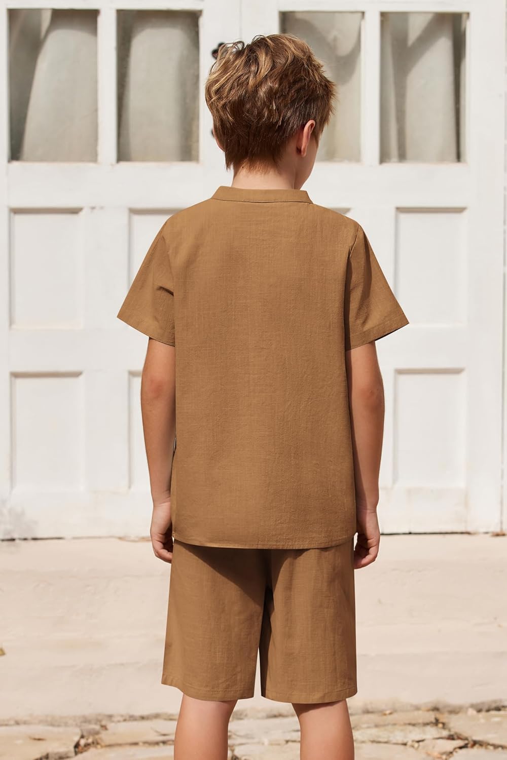 Arshiner Boy's 2 Pieces Cotton Linen Set Casual Henley Shirts Short Sleeve Beach Shorts Summer Outfits for 5-12 Years - Image 4