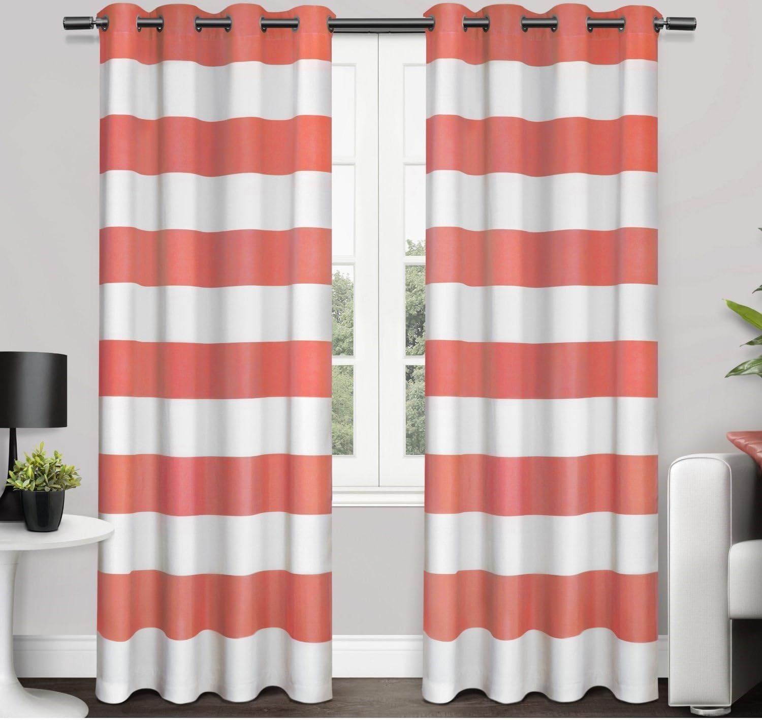 Amazon.co.jp 2ピース96インチコーラルホワイトラグビーストライプカーテンペアパネルセット、ピンクカラードレープCabana