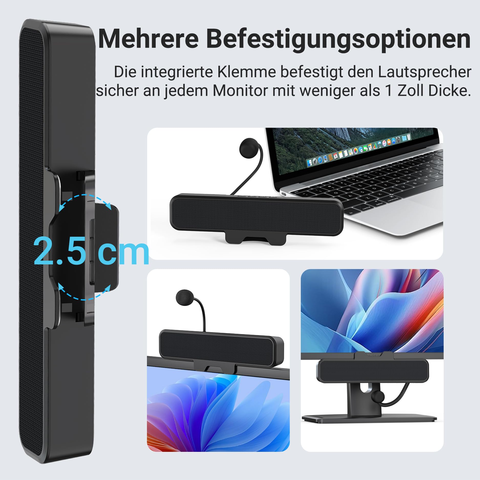 Inwa Altavoces para PC, altavoces USB con micrófono, estéreo y graves, silenciamiento de un botón, clip de altavoz Plug and Play para monitor de PC de 0,1 a 1,1 pulgadas, ordenador de sobremesa(Negro)