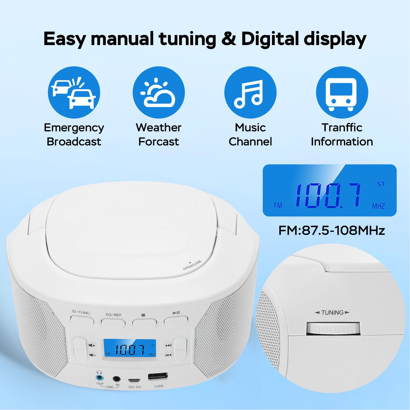 ASHATA Lettore CD portatile, lettori CD desktop Bluetooth portatili con radio FM, lettore MP3 USB AUX con ricarica dall'alto con jack per cuffie per la casa e l'esterno (presa UE)