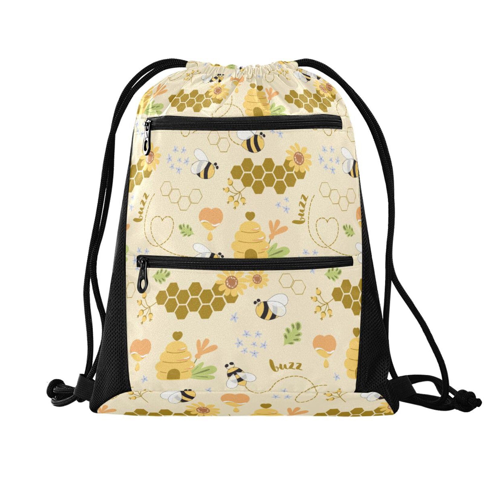 FRODOTGV Sweet Honey Pattern Cute Bees Happy Drawstring Backpack String Bag Outdoor Bag Sports Yoga Sackpack โ image 1