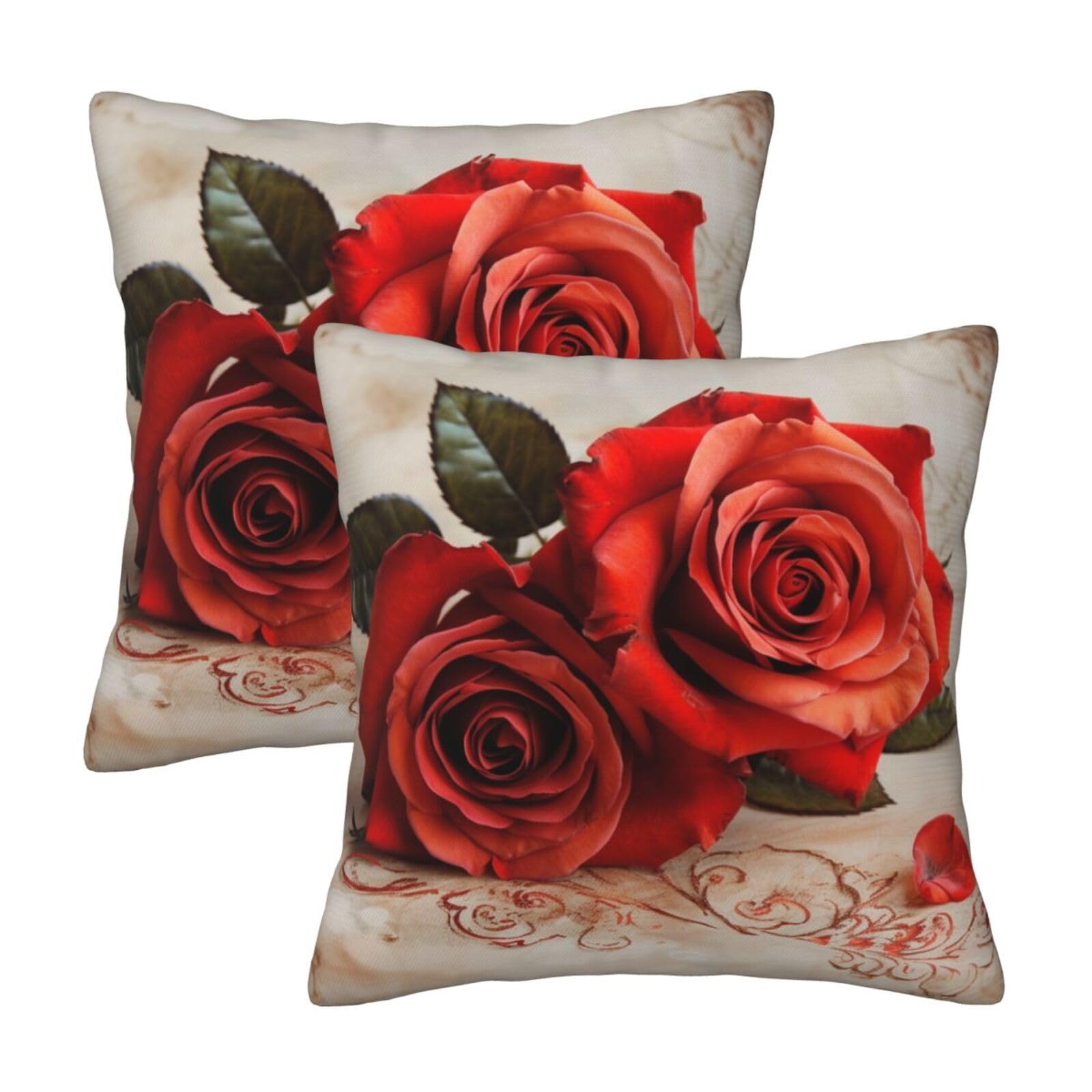 rose Throw Pillow Cases 2 Pack Square Pillowcases Soft Pillow Protectors for Couch Livingroom Sofa Bed Office Car,50x50 CM