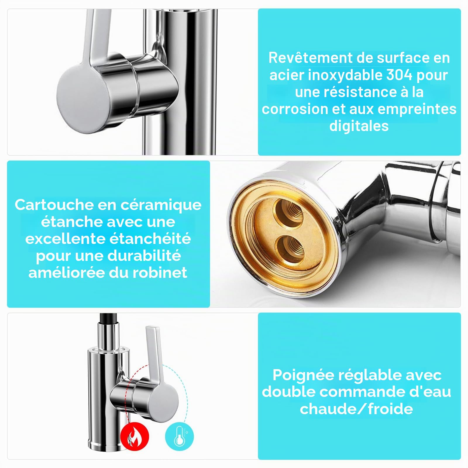 Mitigeur Cuisine Rotatif 360° Acier Inoxydable Bec Flexible Robinet Evier Haute Pression Noir
