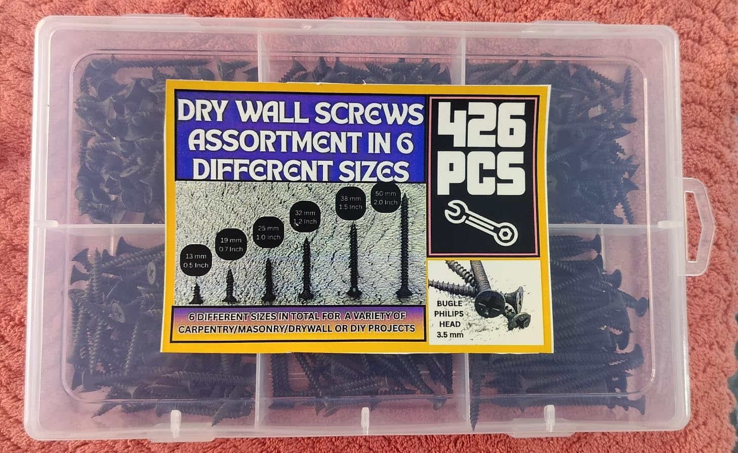 Assorted Drywall Gypsum Screws Set in 6 Different Sizes + 1 PH Screw Driver Bit Packaged in a 6 Compartment Plastic Box with Easy Click Lock (Total 426 Pieces)-image-49