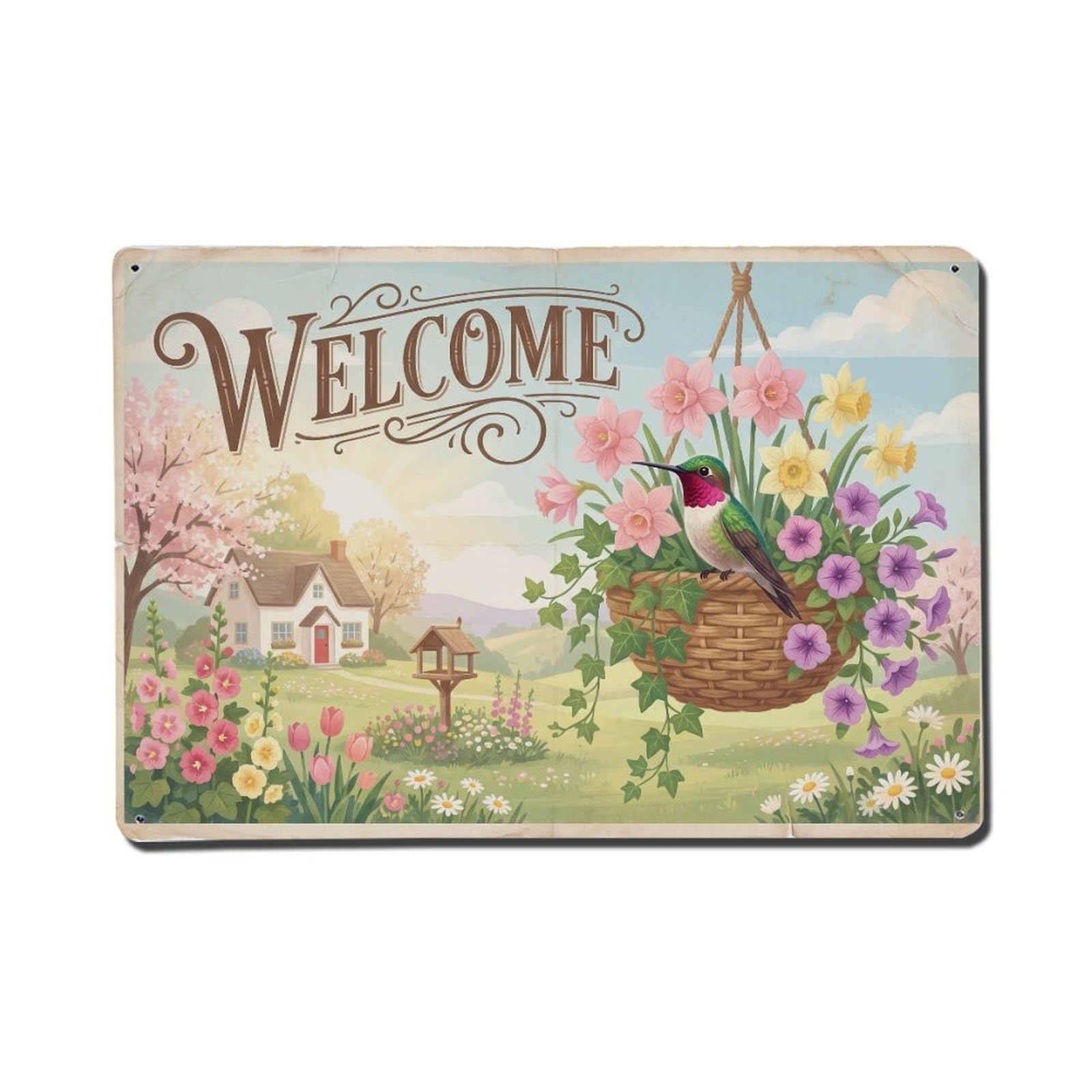 Vintage Welcome Hummingbird Backyard Bliss Metal Tin Sign