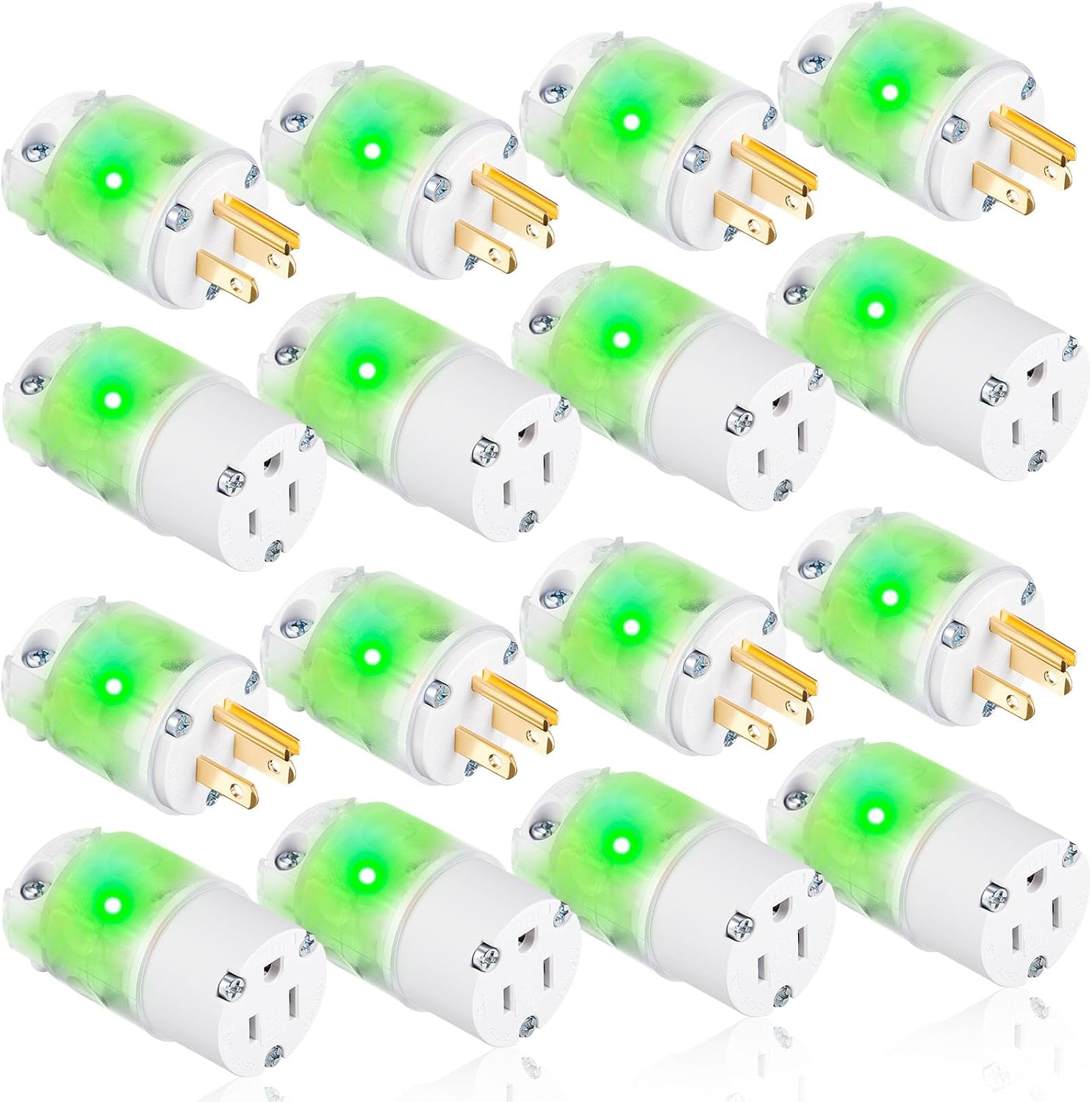 Flutesan 8 Set Lighted Plug and Connector Set Straight Blade Cord End Replacement 15A 125V Compatible with NEMA 5-15P 5-15R 2 Pole 3 Wire Grounding Extension Cord Replacement Ends(White)