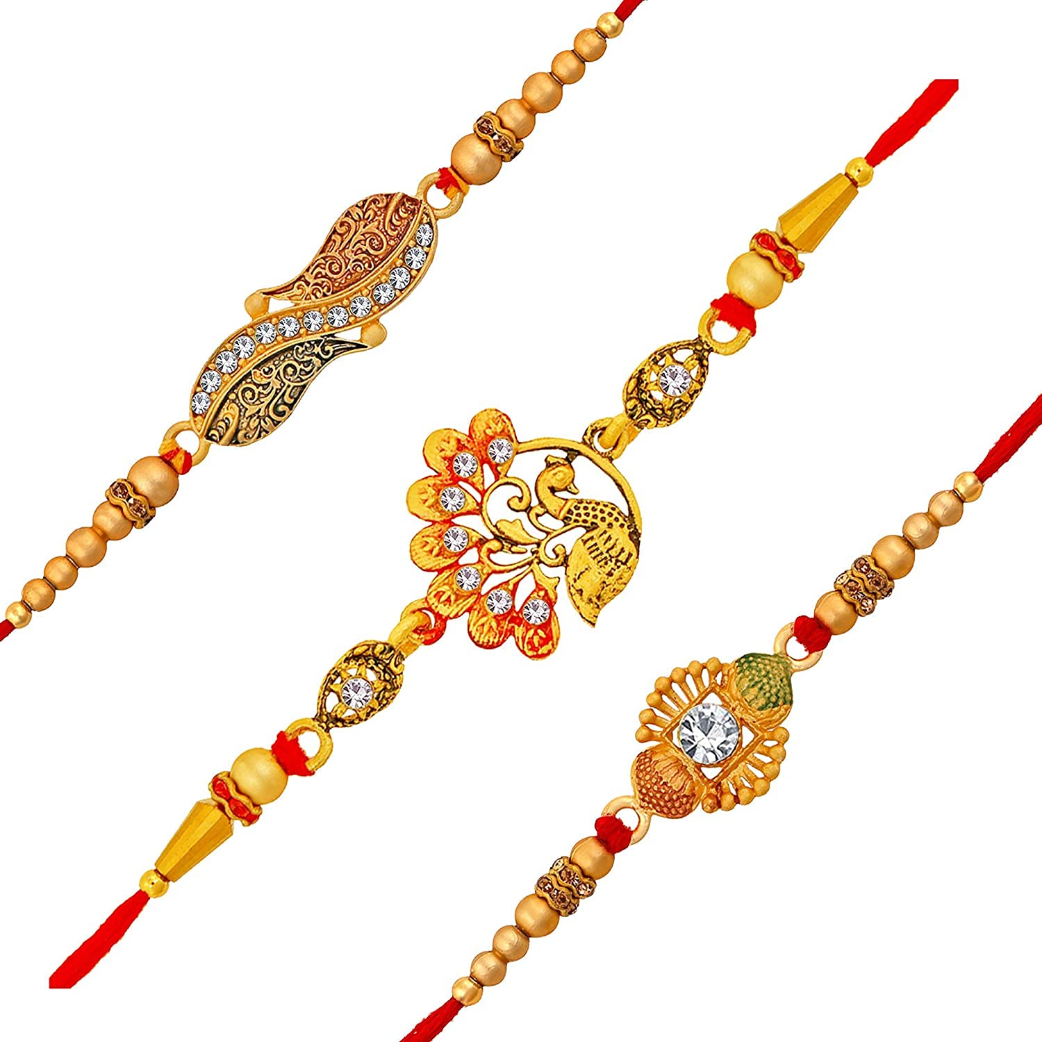 Okos Gold Platted Set Of 3 Red And Green Meenakari Delicate Rakhi Combo Set Decorated With Crystal Elements For Loving Bhai/Bhaiya/Brother CO1000329C