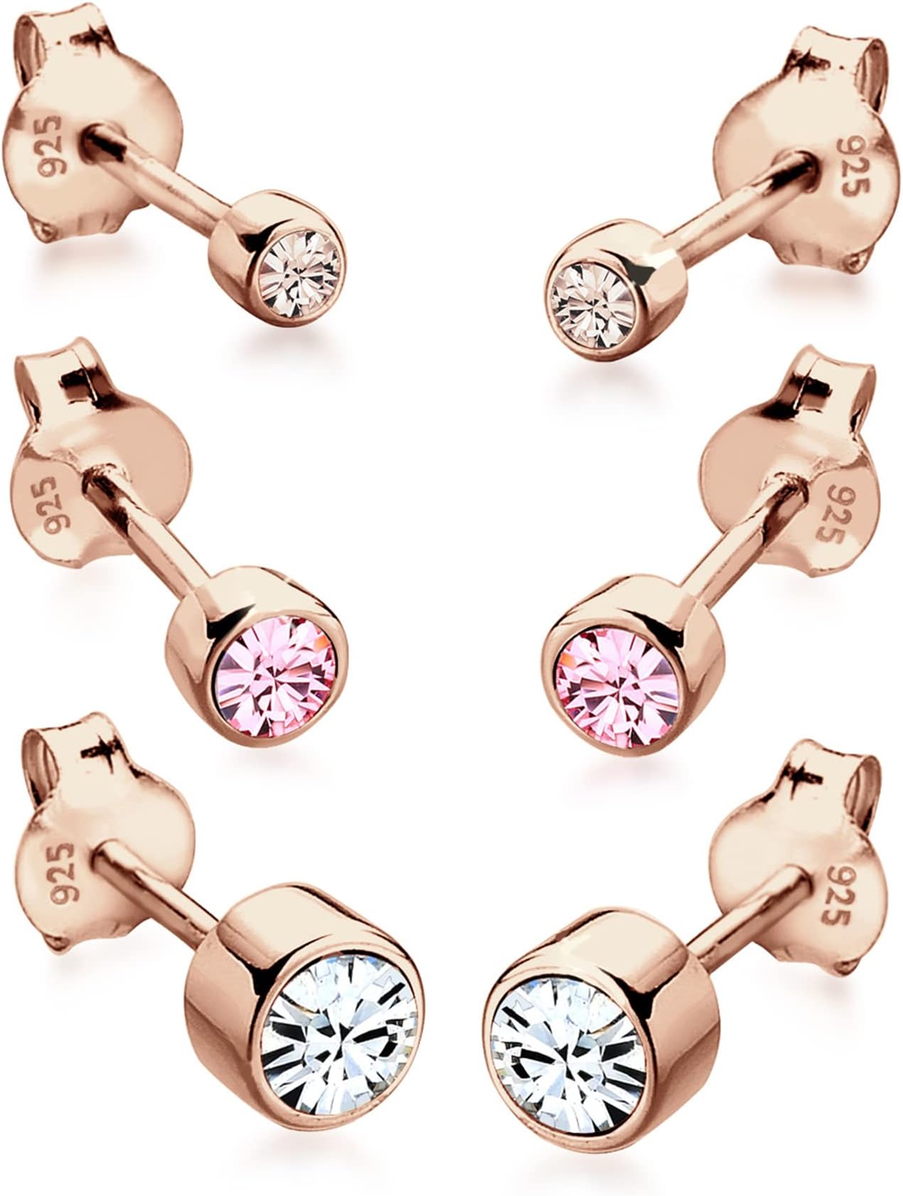 Elli Earrings Ladies Stud Earrings Basic Set of 3 with Glass Crystals in 925 Sterling Silver Gold Plated