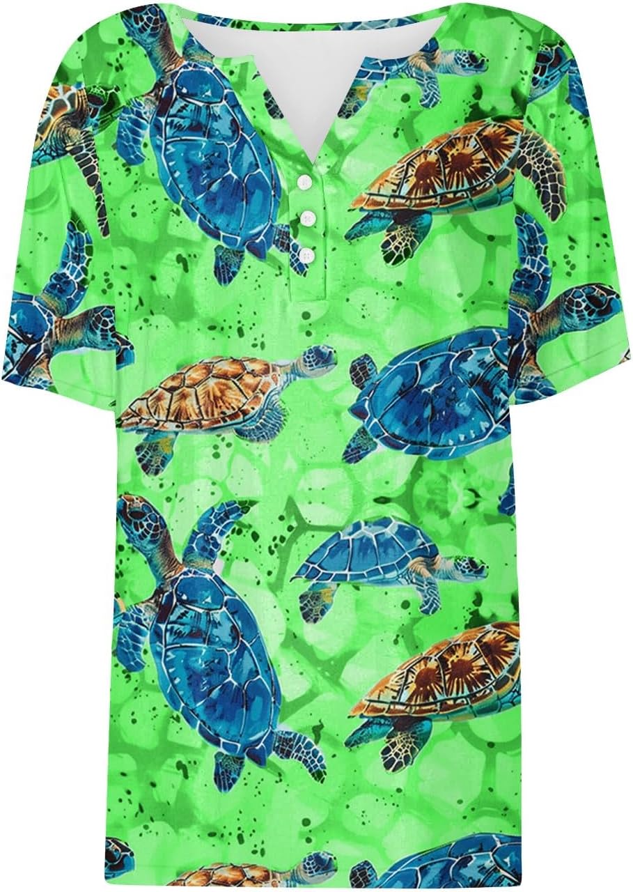 Women's Short Sleeve Tops Summer Fashion Animal Print T Shirt Casual V Neck Button Blouses Sea Turtle Graphic Tees