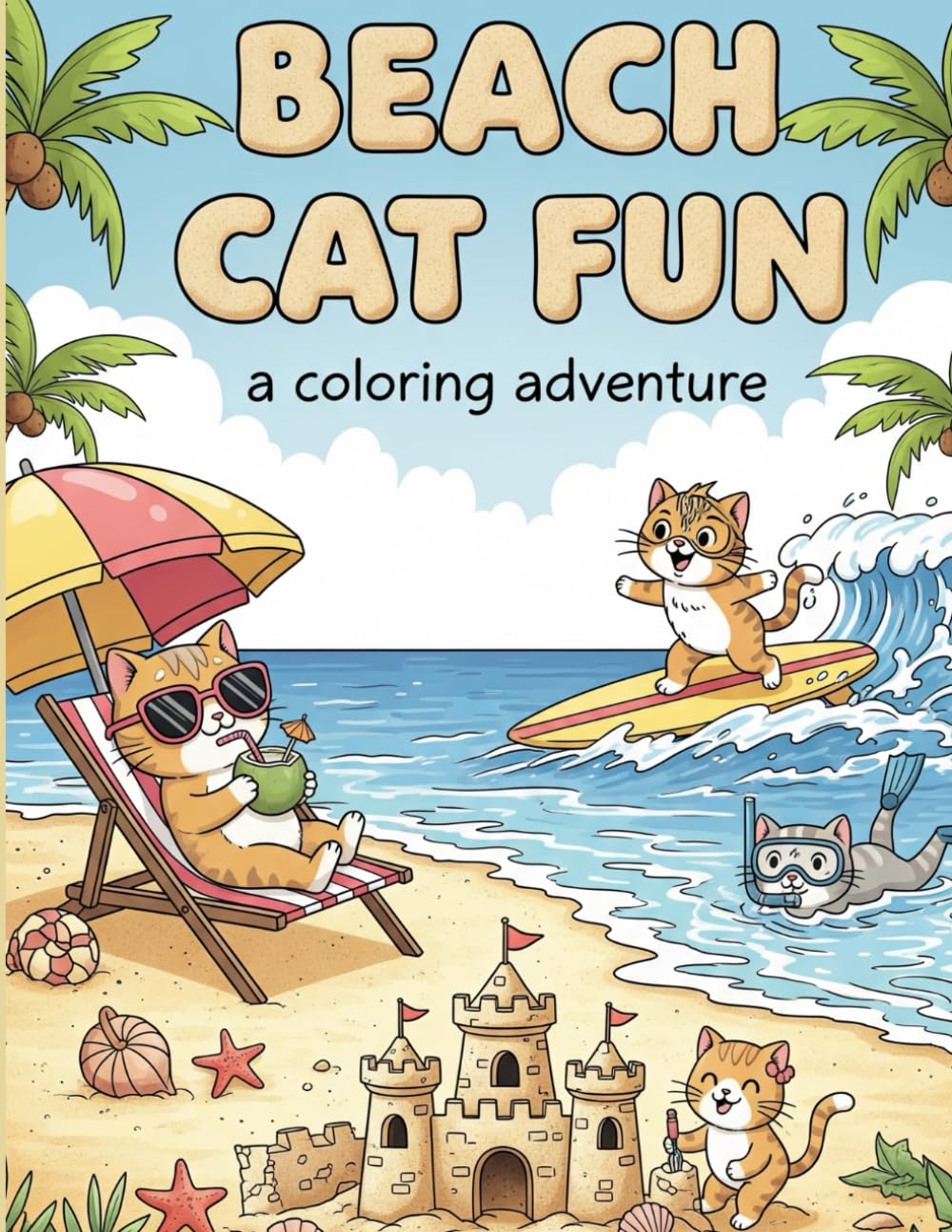 Cat Beach Fun: A Coloring Adventure
