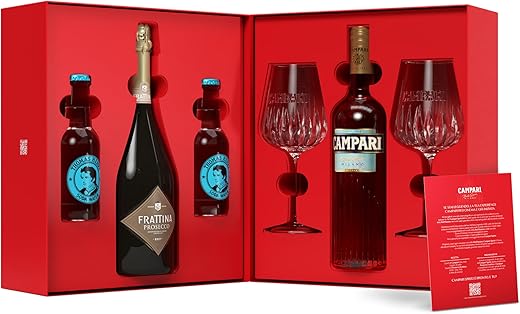 Campari Spritz Kit: Campari 70 cl; Prosecco Frattina 70 cl; 2 Thomas Henry Soda 20 cl; 2 Campari Spritz Glasses