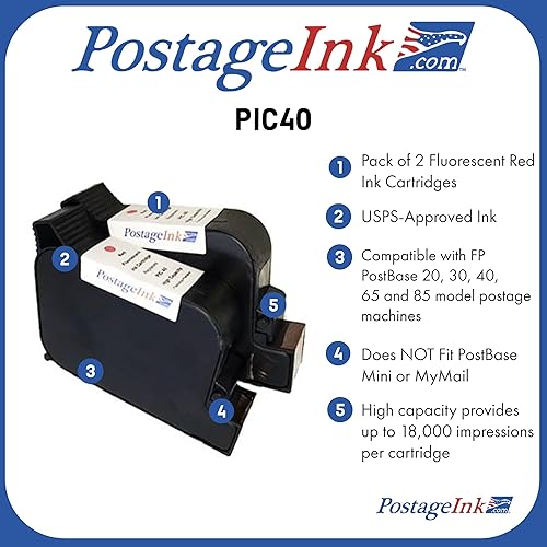 Miniatura 5 de Cartucho de tinta PIC40 de alta capacidad para FP PostBase 20, 30, 45, 65 y 85 medidores de franqueo modelos paquete de 2 piezas de repuesto no OEM