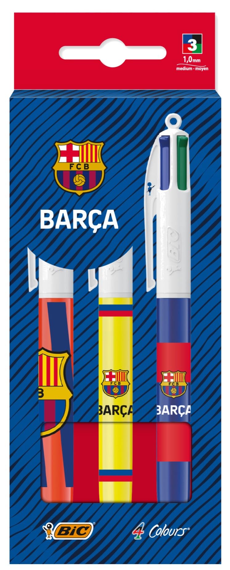 BIC 4 Colours FC BARCELONA Bolígrafos Retráctiles de Punta Media (1,0 mm) en Colores Clásicos - Pack de 3 con Diseños Oficiales Azulgranas y Escudo del Club