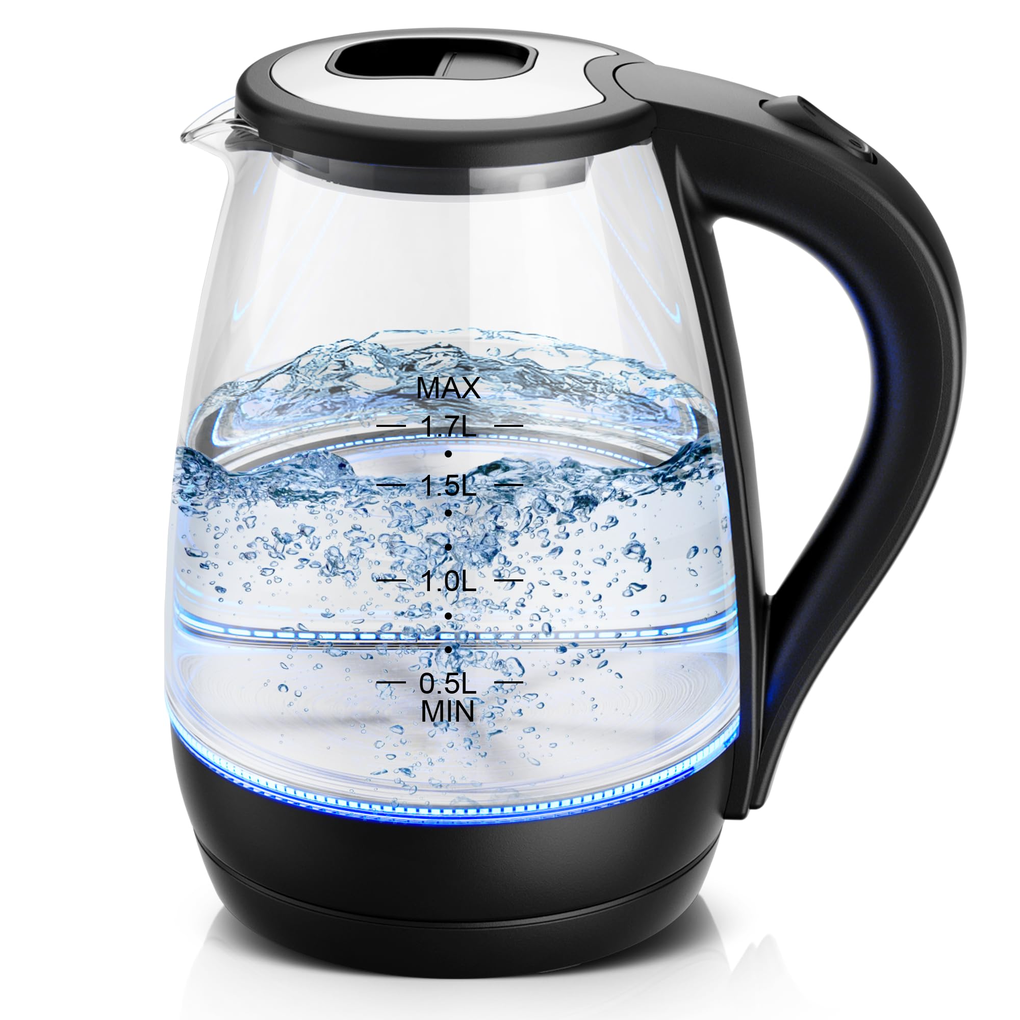 KEINVE Electric Kettle 1.7L Borosilicate Glass Electric Kettle with LED Indicator, Fast Boiling Hot Water Boiler & Tea Kettle Electric with One-touch Lid, Swivel Base, Auto Shut-Off, 2200W