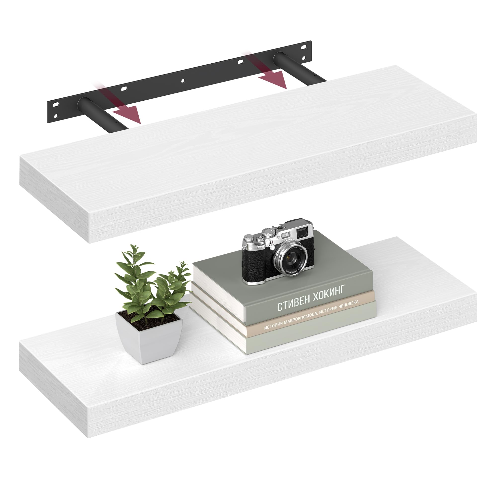 VASAGLE Wall Shelves Set of 2, Floating Shelves, Wall Mounted, 20 x 60 x 3.8 cm, for Picture Frames, Wall Decor, Living Room, Study, Kitchen, Snow White LWS026WE01-2J