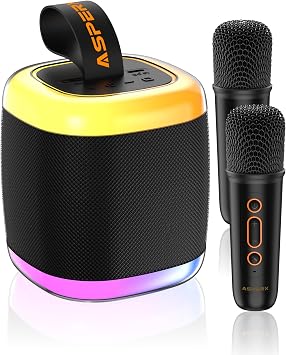 Mini Karaoke Speaker with 2 Wireless Microphones,Voice Effects,Led Lights, Portable Singing Machine for Ages 3,4,5,6,7,8,9,10,11,12+ Years Old Girl Birthday Gift, Kids Karaoke Machine Black