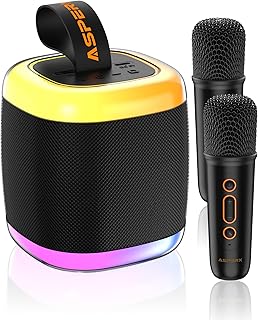 Mini Karaoke Speaker with 2 Wireless Microphones,Voice Effects,Led Lights, Portable Singing Machine for Ages 3,4,5,6,7,8,9,10,11,12+ Years Old Girl Birthday Gift, Kids Karaoke Machine (Black)