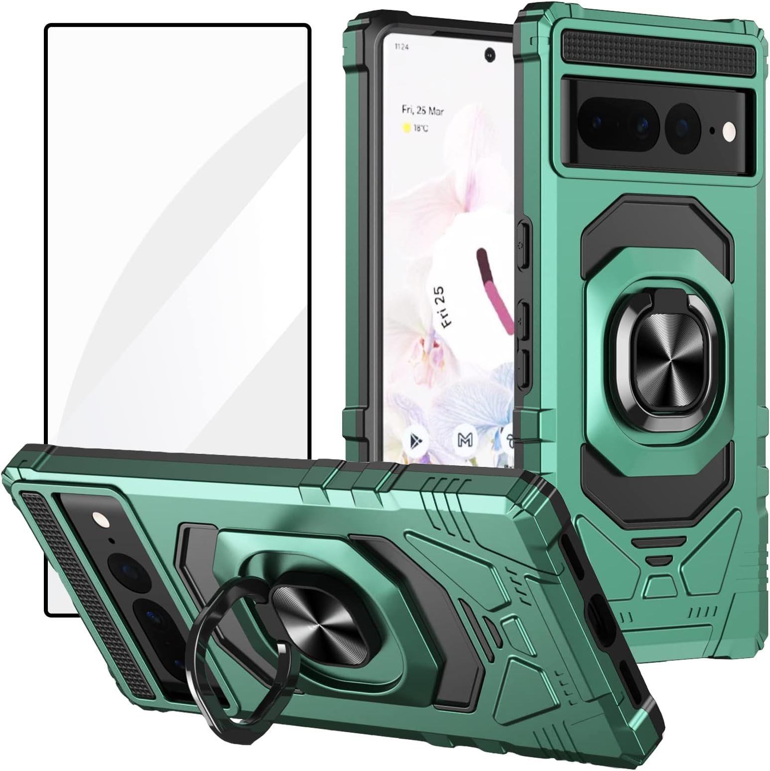 Ailiber Phone Case for Google Pixel 7 pro, Pixel 7 pro Case with Screen Protector, Ring Kickstand for Magnetic Car Mount Military Grade, Heavy Duty Shockproof Protective Cover for Pixel 7 pro-Green