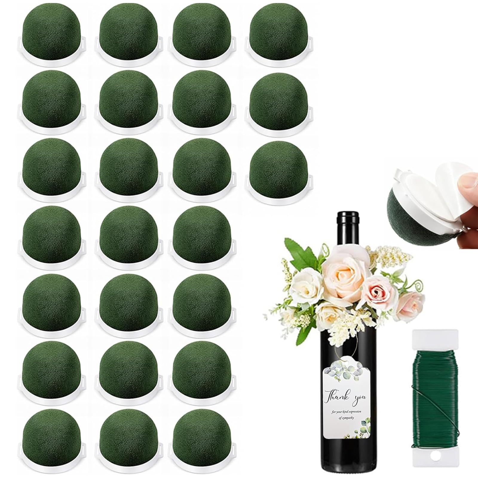 ALINUOYQ 24PCS Mini Floral Foam Holder for Wine Bottle, Round Flower Foam Holder with Floral Wire, Mini Wet Dry Flower Arrangement Supplies for Wine Bottle Decor Wedding Table Centerpieces DIY