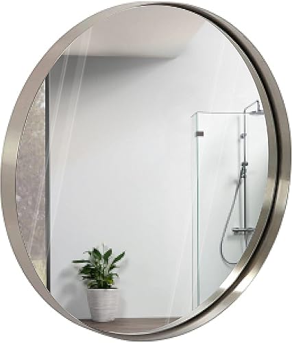 Hamilton Hills Espejo redondo grande plateado de 24 pulgadas con marco de metal cepillado  Diseño clásico contemporáneo  Espejo circular de montaje