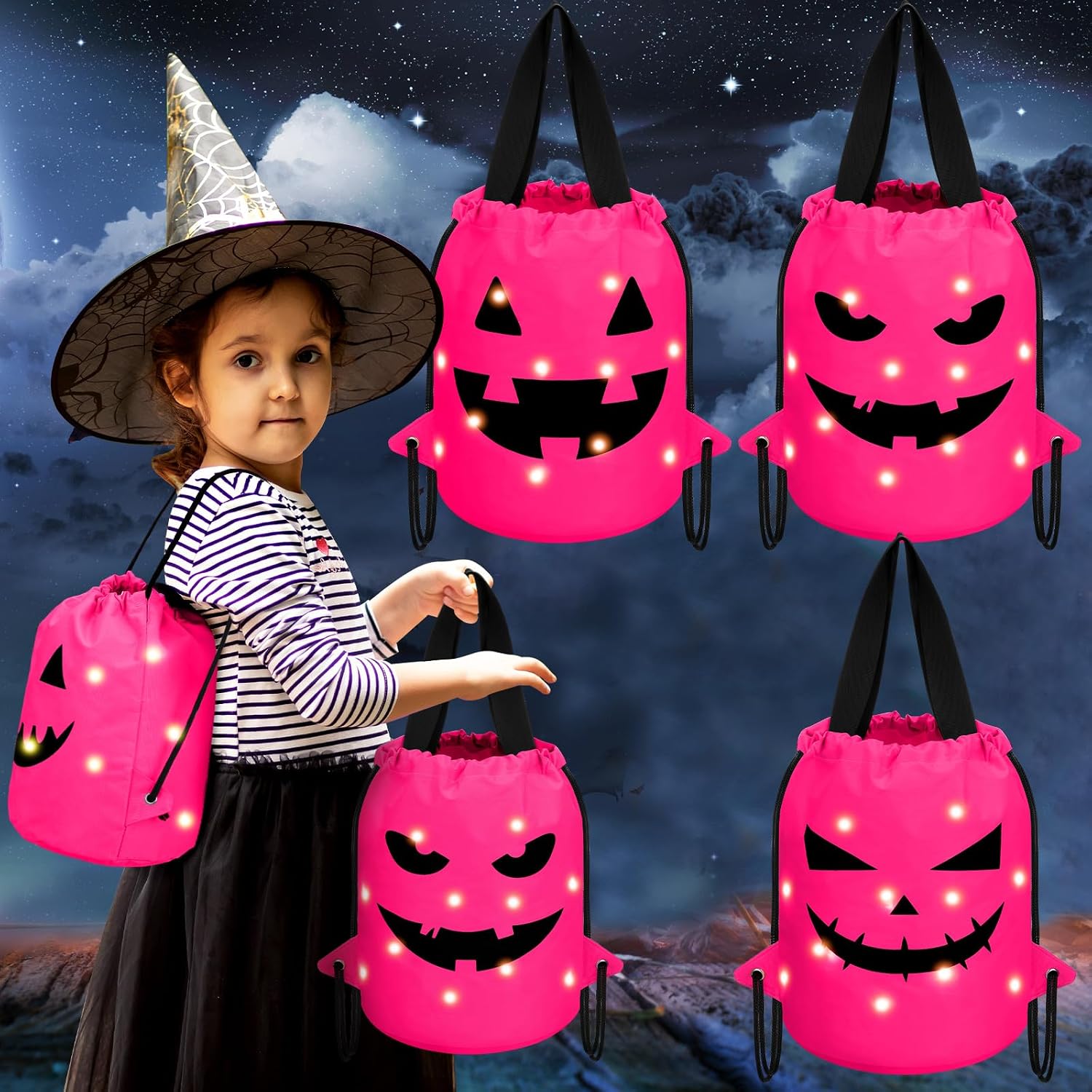 Talltalk 3 Pcs Halloween Light up Bucket LED Trick or Treat Drawstring Bags Multipurpose Reusable Pumpkin Candy Goodies Bucket for Kids Halloween Supplies Favors(Pink)