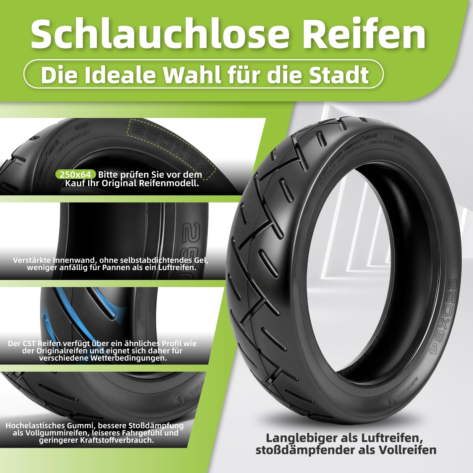 250 x 64 Tubeless Reifen für Xiaomi 4 Ultra Elektroroller 10 Zoll Ersatzreifen Schlauchlose Vakuum Reifen Vorne/Hinten, mit Luftdüse (Tubeless*2)
