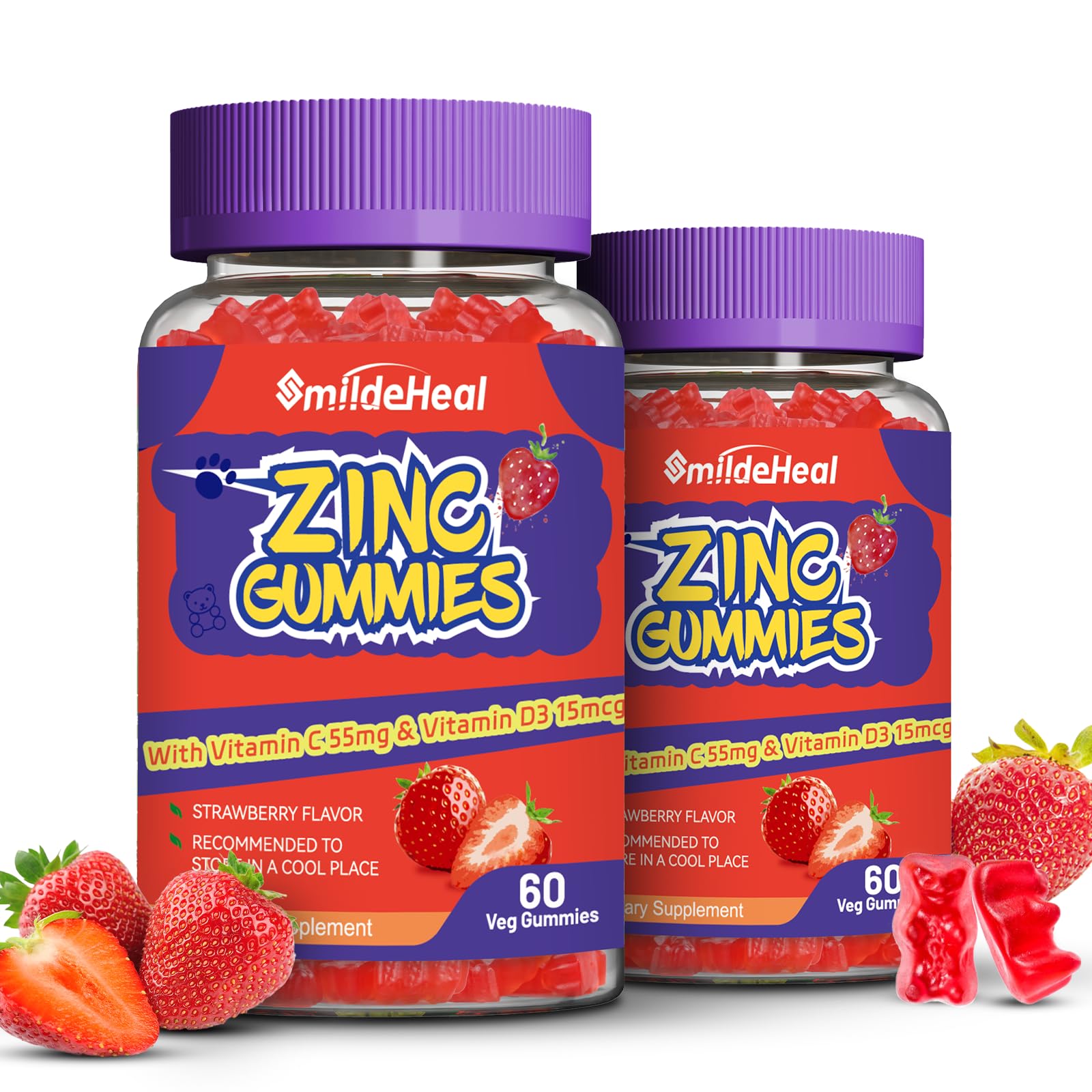 Zinc Gummies, Zinc 50mg, Zinc Citrate, with Vitamin C, Vitamin D3,120 Count 60 Count (Pack of 2)