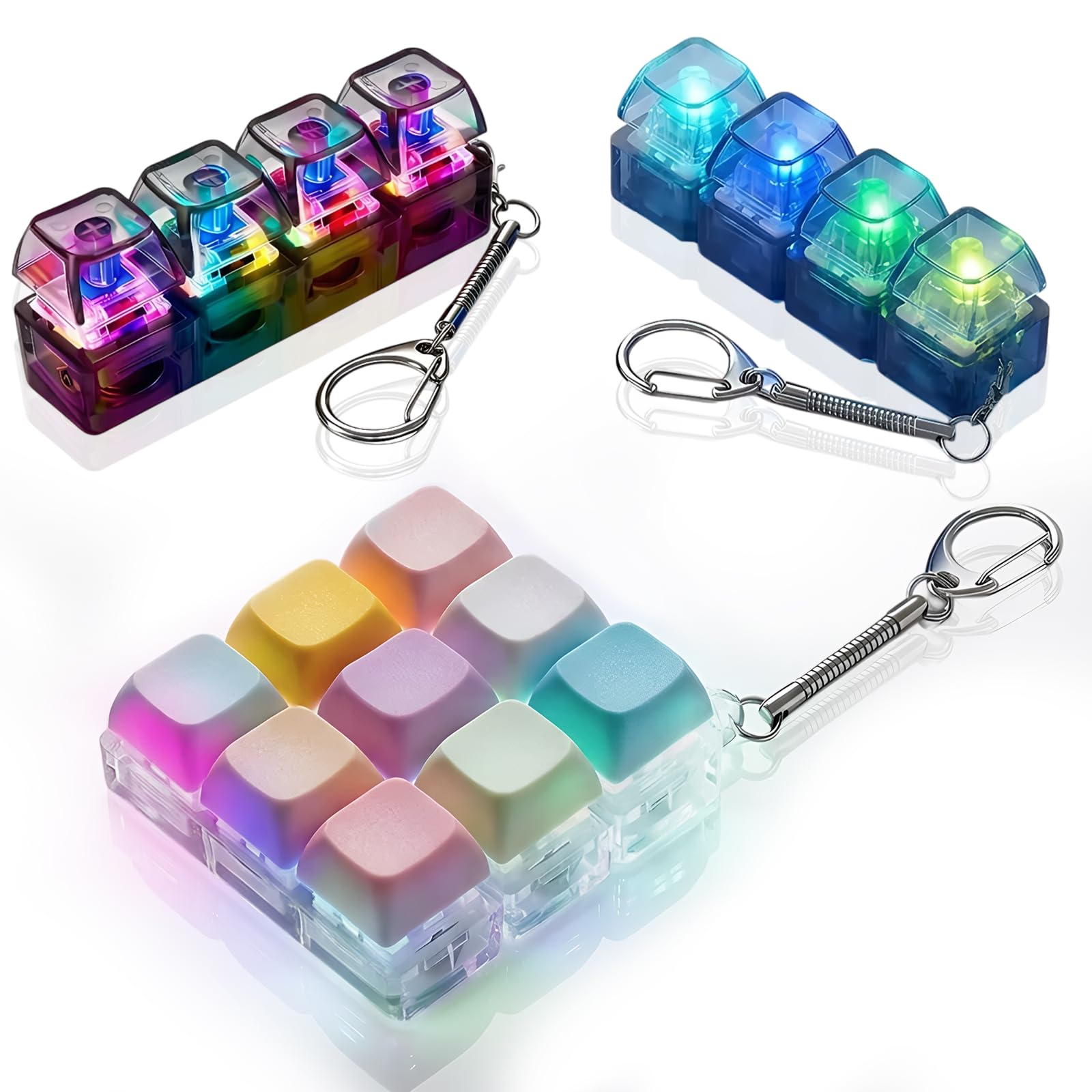 3 PCS Keyboard Fidget Toy, 2 Models Portable Light up Keyboard Fidget Toy with Keychain for Office School, Decompression Gift