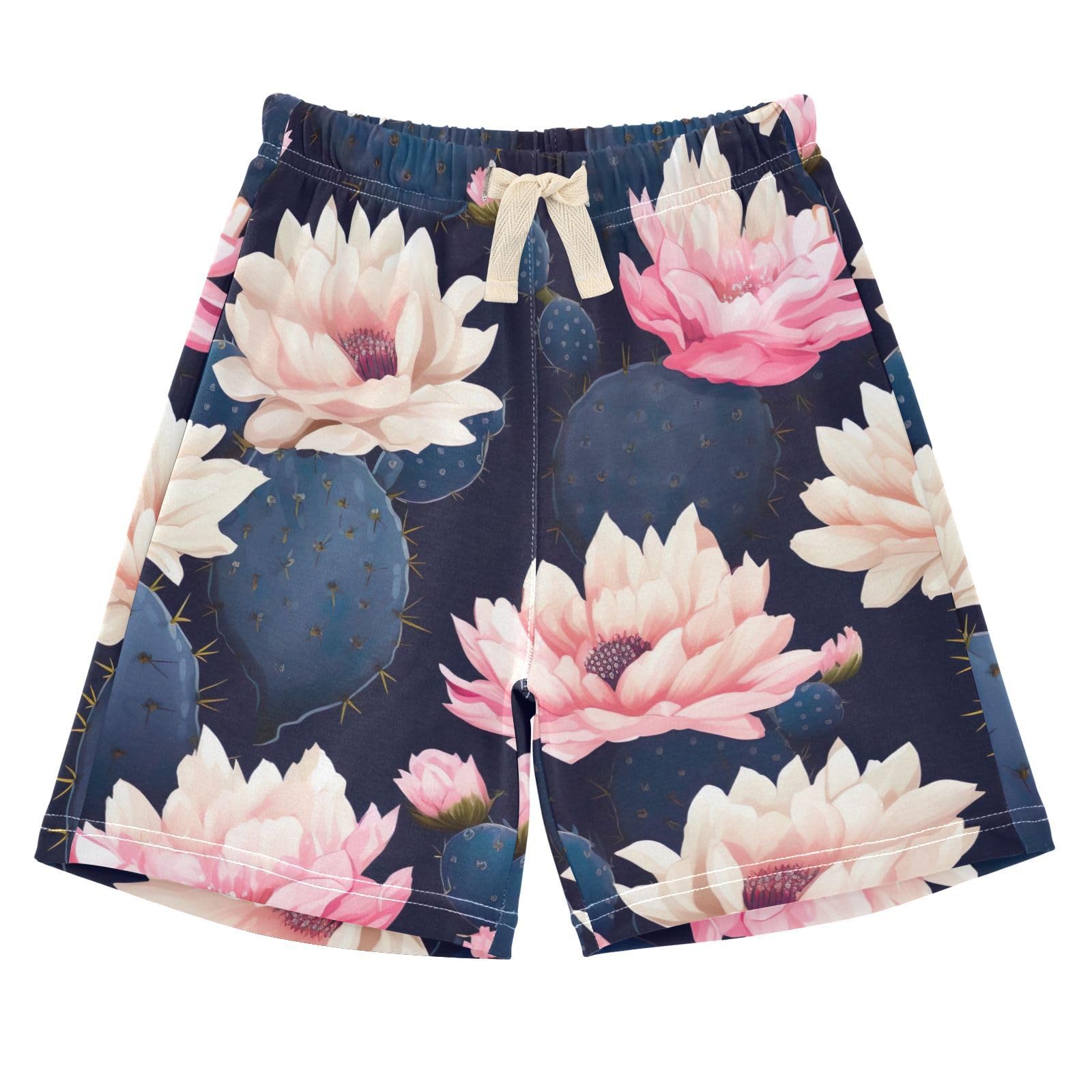 innewgogo Dark Blue Cactus Pink Flowers Toddler Baby Boy Girl Cotton Pull-On Shorts Elastic Waist Summer Beach Shorts Kids Pants 4T