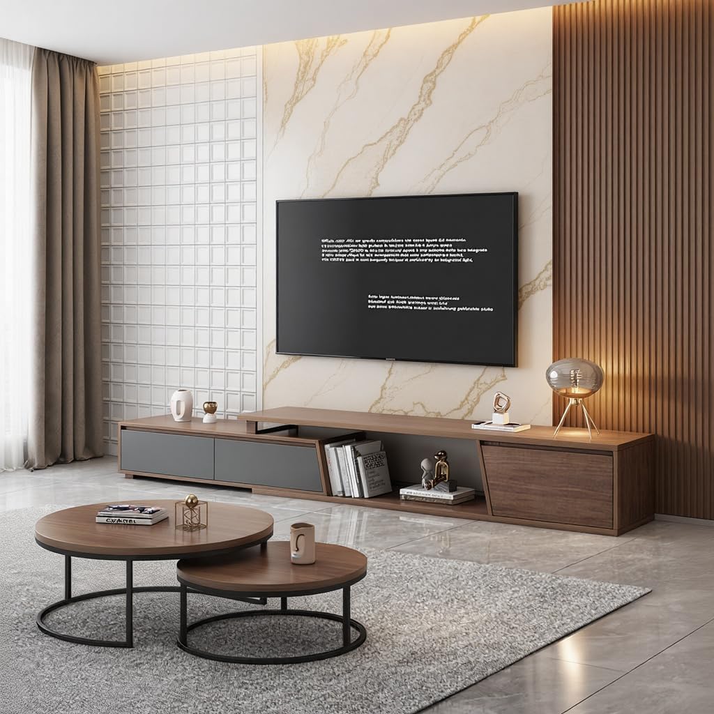 Modern Walnut TV Stand Entertainment Center, Extendable to 120 Inch, 3 Storage Drawers, Contemporary Media Console with Shelves, Walnut Grey