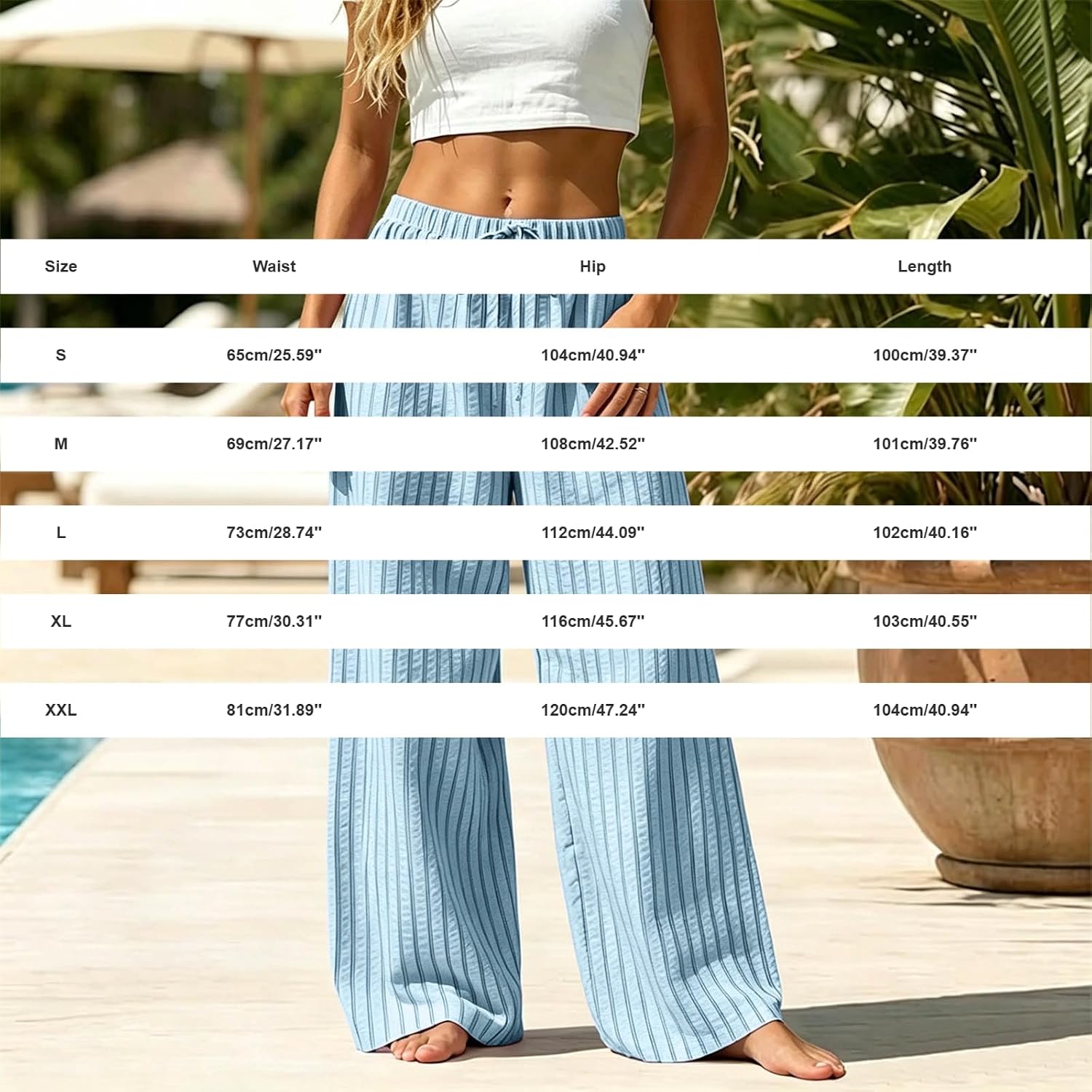 Elastic Waist Striped Wide Leg Palazzo Trousers, Pocketed Long Lounge Pants for Womens Relaxed Summer Daily Wear