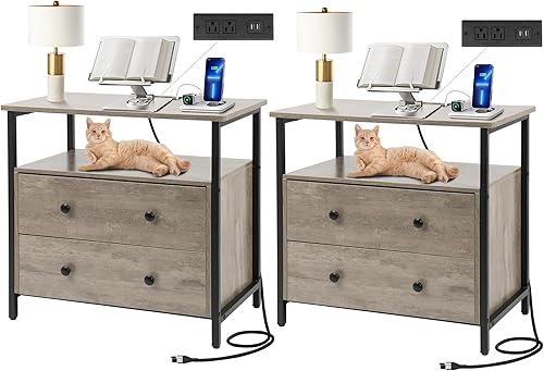 Miniatura 11 de Mesita de noche de 27 pulgadas de ancho con estación de carga, mesita de noche con estante abierto, cómoda pequeña de madera con 2 cajones, mesita