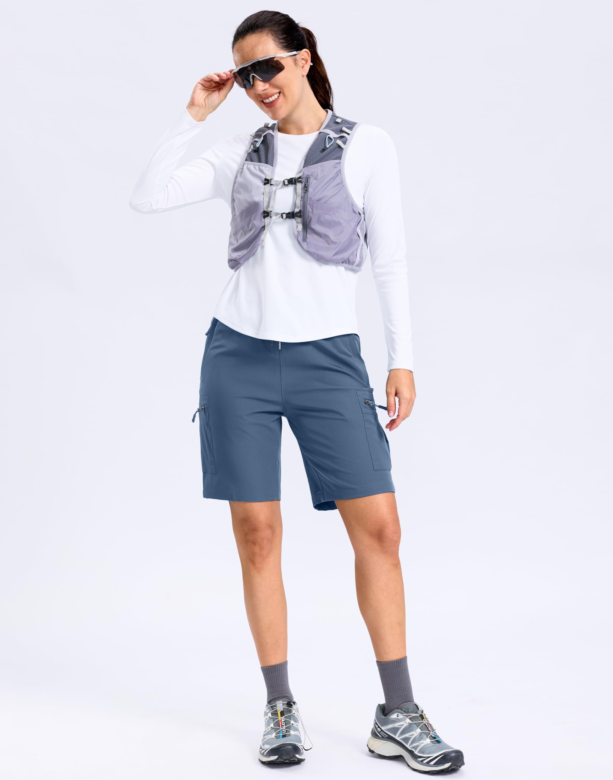 SANTINY Short cargo de randonnée léger pour femme de 17,8 cm/22,9 cm avec 5 poches à fermeture éclair, séchage rapide, court de golf d'été pour femme