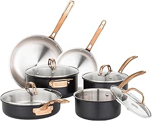 Viking 10-Piece 3-Ply Stainless Steel Cookware Set with Glass Lids, Oven Safe & Induction Ready (Black with Copper)