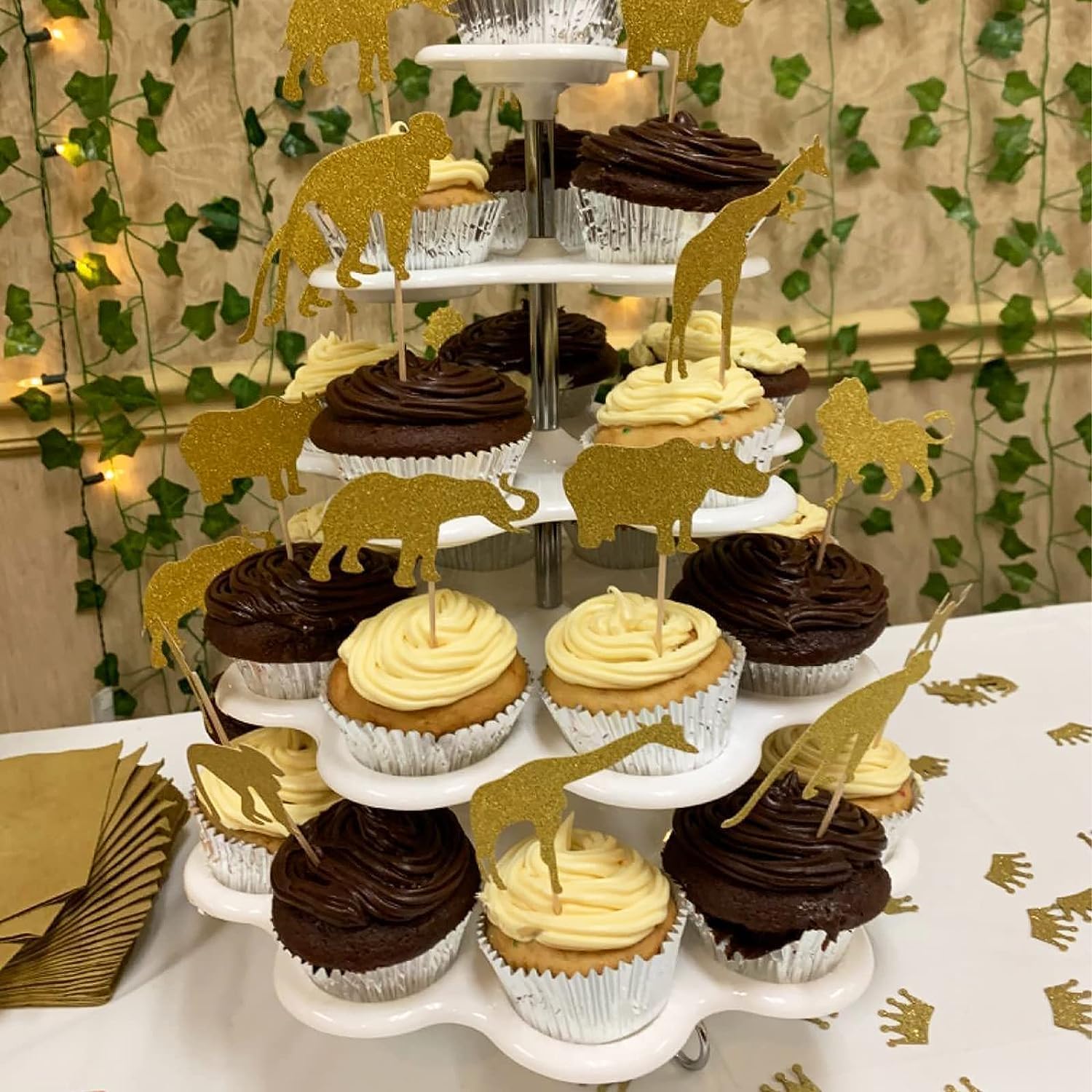 30 Pack Gold Glitter Jungle Safari Animal Cake Cupcake Toppers Cupcake Picks Decorations for Jungle Safari Animal Themed Baby Shower Birthday Party