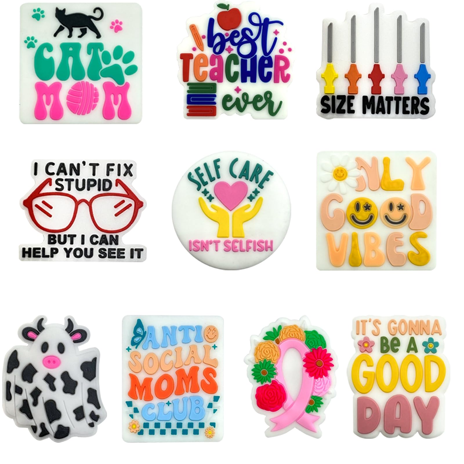 AllGemDiy Focal Silicone Beads Mom for Pens Characters Cat Mom Teacher Good Vibes Self Care Words Focal Beads Silicone Charms Keychain Silicone Shaped Beads for Beaded Pen(10Pcs Mixed Beads)