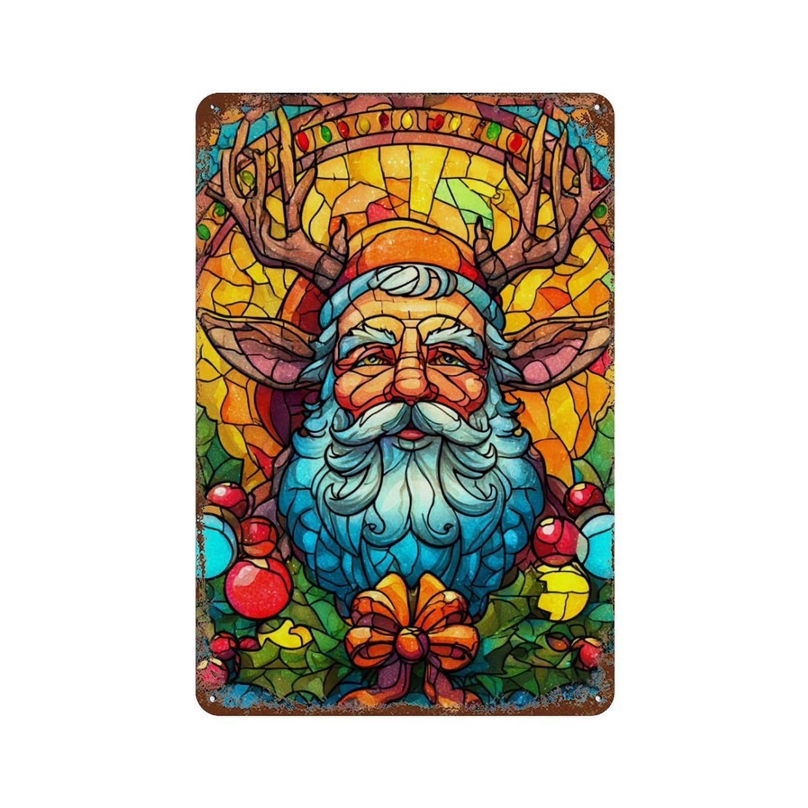Christmas Stained Glass Santa Decorative Tin Sign 11.8"x7.9", Farmhouse Wall Decor for Garage, Bar And Workshop Decor